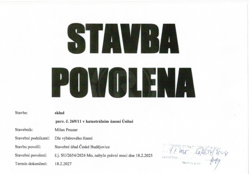 PRODEJ POZEMKŮ SE STAVEBNÍM POVOLENÍM HALY, Č. BUDĚJOVICE