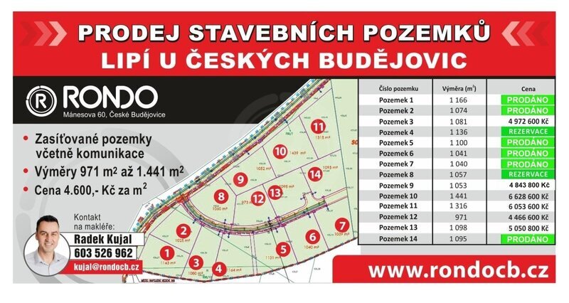PRODEJ STAVEBNÍCH PARCEL 971 - 1.441 M2, LIPÍ U Č. BUDĚJOVIC